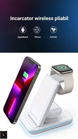 Produse - Incarcator wireless pliabil 3 in 1, iPhone, AppleWatch, AirPods, Wireless, Fast Charge 15W, lumina ambientala LED, Alb