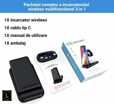 Incarcator wireless pliabil 3 in 1, iPhone, AppleWatch, AirPods, Wireless, Fast Charge 15W, lumina ambientala LED, Negru [5]