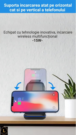 Incarcator wireless pliabil 3 in 1, iPhone, AppleWatch, AirPods, Wireless, Fast Charge 15W, lumina ambientala LED, Negru [10]
