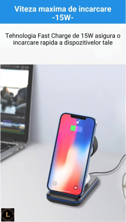 Incarcator wireless pliabil 3 in 1, iPhone, AppleWatch, AirPods, Wireless, Fast Charge 15W, lumina ambientala LED, Negru [9]