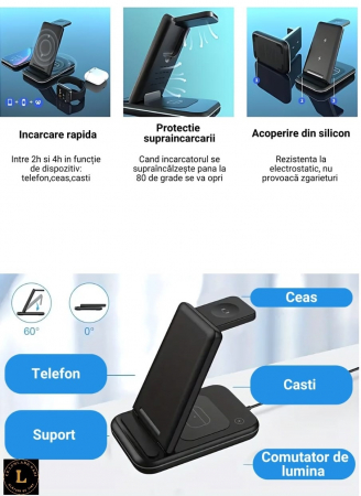 Incarcator wireless pliabil 3 in 1, iPhone, AppleWatch, AirPods, Wireless, Fast Charge 15W, lumina ambientala LED, Negru [11]