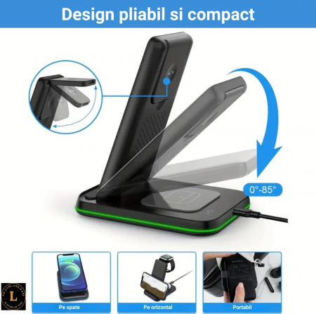 Incarcator wireless pliabil 3 in 1, iPhone, AppleWatch, AirPods, Wireless, Fast Charge 15W, lumina ambientala LED, Negru [4]