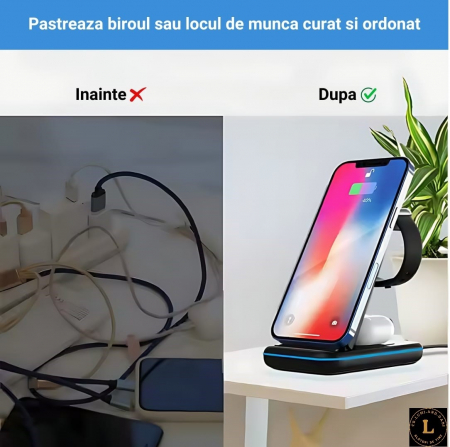 Incarcator wireless pliabil 3 in 1, iPhone, AppleWatch, AirPods, Wireless, Fast Charge 15W, lumina ambientala LED, Negru [12]