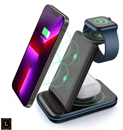 Incarcator wireless pliabil 3 in 1, iPhone, AppleWatch, AirPods, Wireless, Fast Charge 15W, lumina ambientala LED, Negru [16]