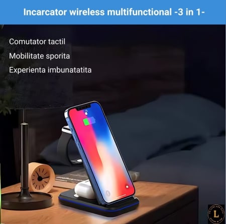 Produse - Incarcator wireless pliabil 3 in 1, iPhone, AppleWatch, AirPods, Wireless, Fast Charge 15W, lumina ambientala LED, Negru