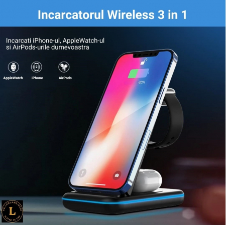 Incarcator wireless pliabil 3 in 1, iPhone, AppleWatch, AirPods, Wireless, Fast Charge 15W, lumina ambientala LED, Negru [13]