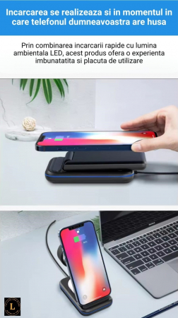 Incarcator wireless pliabil 3 in 1, iPhone, AppleWatch, AirPods, Wireless, Fast Charge 15W, lumina ambientala LED, Negru [8]