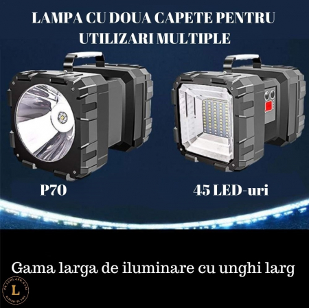 Produse - Lanterna multifunctionala reincarcabila, doua capete de iluminare, portabila, rezistenta la stropi