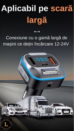 Produse - Modulator FM, Bluethoot 5.0, Transmitator FM cu functie de incarcare auto, Fast Charge, Asistenta vocala, Port auxiliar, Port USB x2, 7 lumini RGB