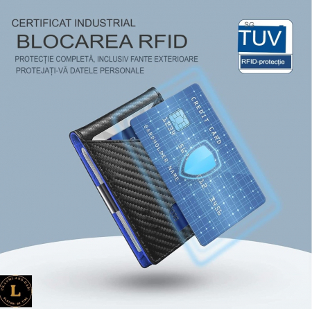 Portofel cu protectie RFID, slim, pentru Barbati, Negru-Albastru, dimensiuni 11x7.5x1.5cm, pentru o siguranta mai buna a cardurilor [4]