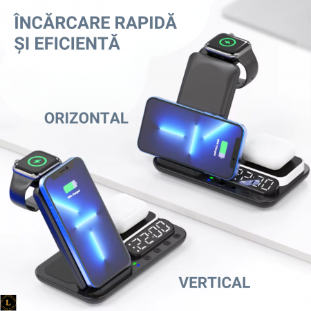 Produse - Statie de Incarcare Magnetica Fast Charge 18W, Ceas Digital cu Alarma, Lampa LED cu 3 Tipuri de Lumina, Compatibil cu iPhone, Samsung, Apple Watch, AirPods, cu Lumina de veghe, pentru o incarcare rapi