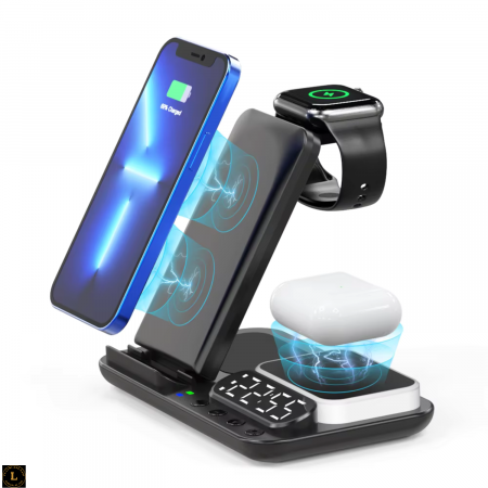 Statie de Incarcare Magnetica Fast Charge 18W, Ceas Digital cu Alarma, Lampa LED cu 3 Tipuri de Lumina, Compatibil cu iPhone, Samsung, Apple Watch, AirPods, cu Lumina de veghe, pentru o incarcare rapi [2]