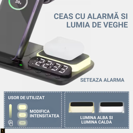 Statie de Incarcare Magnetica Fast Charge 18W, Ceas Digital cu Alarma, Lampa LED cu 3 Tipuri de Lumina, Compatibil cu iPhone, Samsung, Apple Watch, AirPods, cu Lumina de veghe, pentru o incarcare rapi [6]