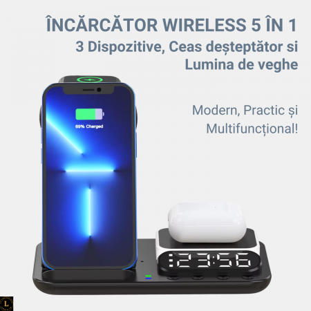 Statie de Incarcare Magnetica Fast Charge 18W, Ceas Digital cu Alarma, Lampa LED cu 3 Tipuri de Lumina, Compatibil cu iPhone, Samsung, Apple Watch, AirPods, cu Lumina de veghe, pentru o incarcare rapi [3]