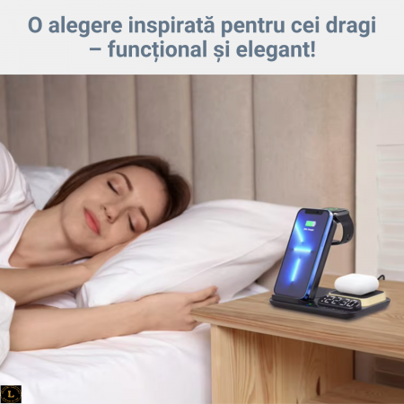 Statie de Incarcare Magnetica Fast Charge 18W, Ceas Digital cu Alarma, Lampa LED cu 3 Tipuri de Lumina, Compatibil cu iPhone, Samsung, Apple Watch, AirPods, cu Lumina de veghe, pentru o incarcare rapi [5]