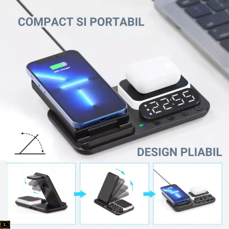 Statie de Incarcare Magnetica Fast Charge 18W, Ceas Digital cu Alarma, Lampa LED cu 3 Tipuri de Lumina, Compatibil cu iPhone, Samsung, Apple Watch, AirPods, cu Lumina de veghe, pentru o incarcare rapi [7]