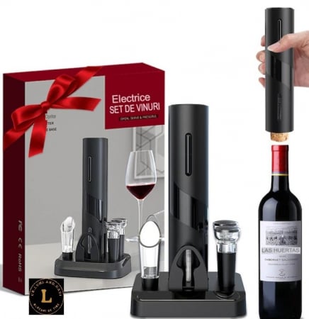 Produse - Tirbuson electric de vin Set automat de deschizator de vin. 6 in 1cu Baza, Accesoriu Taiat Folie, incarcare Type-C, dop de vid si aerator/varsator de vin, Calitate Premium