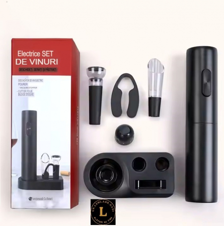 Tirbuson electric de vin Set automat de deschizator de vin. 6 in 1cu Baza, Accesoriu Taiat Folie, incarcare Type-C, dop de vid si aerator/varsator de vin, Calitate Premium [4]