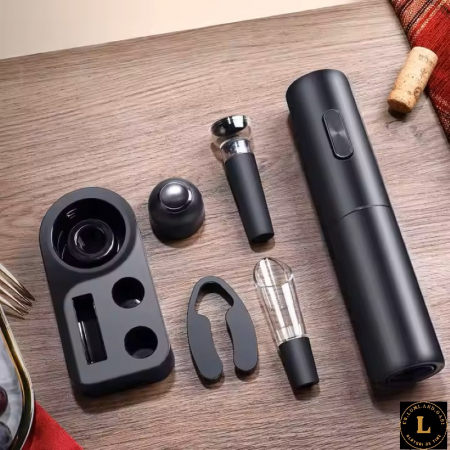 Tirbuson electric de vin Set automat de deschizator de vin. 6 in 1cu Baza, Accesoriu Taiat Folie, incarcare Type-C, dop de vid si aerator/varsator de vin, Calitate Premium [1]