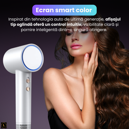 Uscator de par profesional cu motor digital 110000 rpm, tehnologie cu ioni negativi, afisaj HD inteligent, flux de aer 23 m/s, zgomot redus 59 dB, duza magnetica rotativa 360°, consum eficient 1300–1600W, argintiu [6]