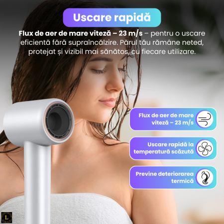 Uscator de par profesional cu motor digital 110000 rpm, tehnologie cu ioni negativi, afisaj HD inteligent, flux de aer 23 m/s, zgomot redus 59 dB, duza magnetica rotativa 360°, consum eficient 1300–1600W, argintiu [3]