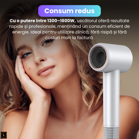 Uscator de par profesional cu motor digital 110000 rpm, tehnologie cu ioni negativi, afisaj HD inteligent, flux de aer 23 m/s, zgomot redus 59 dB, duza magnetica rotativa 360°, consum eficient 1300–1600W, argintiu [5]