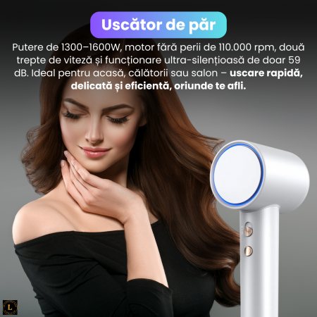 Uscator de par profesional cu motor digital 110000 rpm, tehnologie cu ioni negativi, afisaj HD inteligent, flux de aer 23 m/s, zgomot redus 59 dB, duza magnetica rotativa 360°, consum eficient 1300–1600W, argintiu [1]