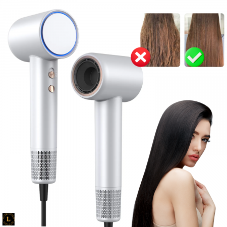 Produse - Uscator de par profesional cu motor digital 110000 rpm, tehnologie cu ioni negativi, afisaj HD inteligent, flux de aer 23 m/s, zgomot redus 59 dB, duza magnetica rotativa 360°, consum eficient 1300–1600W, argintiu