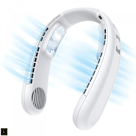 Produse - Ventilator portabil pentru gat cu placi reci, racire 3D 720°, 3 viteze, 4 zone de ventilatie, motor 5500rpm, baterie 4000mAh, racire instant, alb