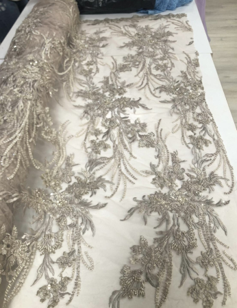 Materiale Textile Premium - Dantelă brodată cu mărgele (Bej-Gri)