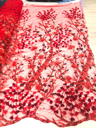 Materiale Textile Premium - Dantelă cu Aplicații Florale 3D - Design Spectaculos în Nuanțe de Roșu