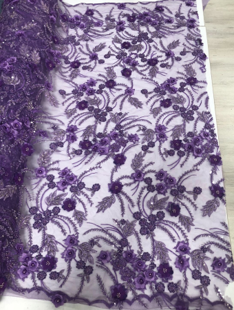 Materiale Textile Premium - Dantelă Mov cu Aplicații Florale 3D și Mărgele