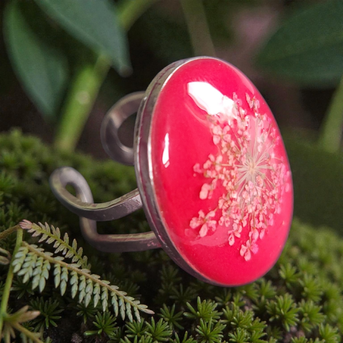 Inel reglabil lut rosu cu floare presata [2]