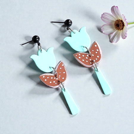 Cercei Flori - Lalele albastru menta