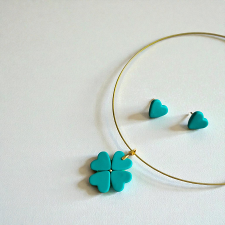 Set colier trifoi cu patru Foi si cercei inimioare verzi [1]