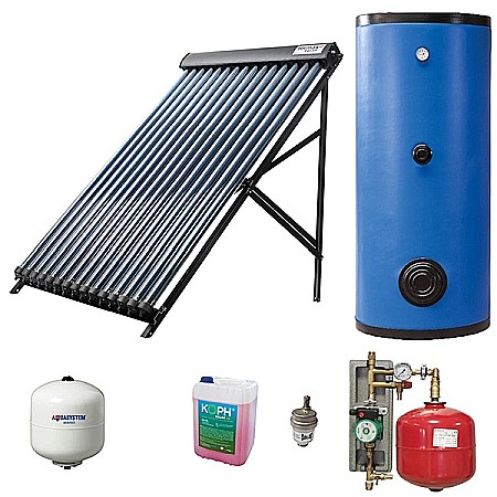 SISTEME SOLARE - Pachet colector solar cu 24 tuburi vidate echipate cu heat-pipe, boiler 2 serpentine 200L, grup pompare, automatizare si vas epansiune