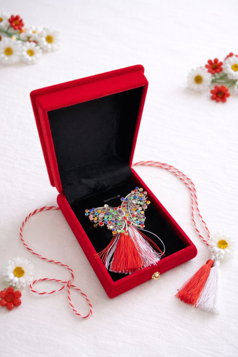 Brosa fluture argintiu cu strasuri in cutie catifea rosie premium 8.5cm [2]