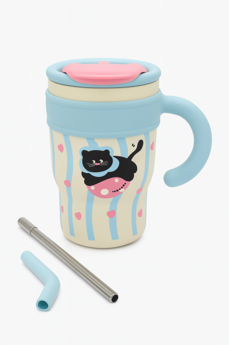Cana Termo 700ml cu Maner si Pai Metalic – Model Pisicuta, Hot & Cold [2]