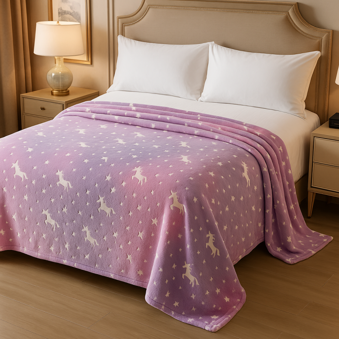 Patura Cocolino Fosforescenta 200x230 cm, 1 KG – Mov Lila cu Unicorni, Pufoasa [1]