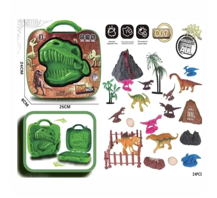 Set Dinozauri Dino Box – 24 Piese, Cutie 25x24x8 cm, Jucarii Preistorice cu Vulcan, Copaci si Figurine [2]
