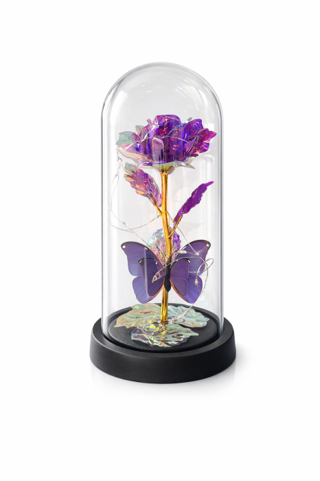 Cupola plastic cu trandafir mov LED, decor luminos elegant, 20 cm, cutie cadou inclusa [2]