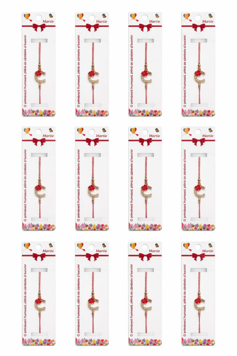 Set 12 Bratari Martisor Potcoava Aurie cu Trifoi Rosu Snur Alb Rosu reglabil [5]