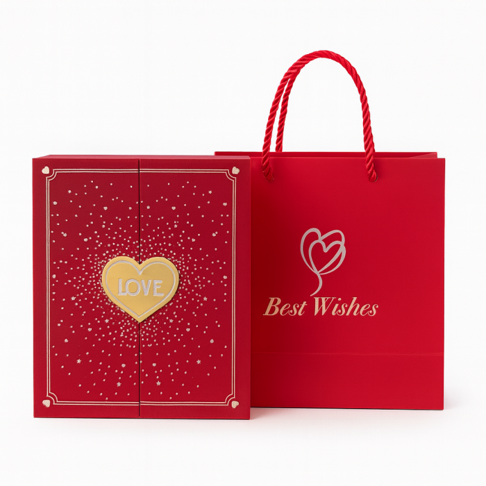 Set cadou cu 6 trandafiri de sapun si lantisor, cutie tip carte rosie, punga inclusa, 16x13x5 cm [4]