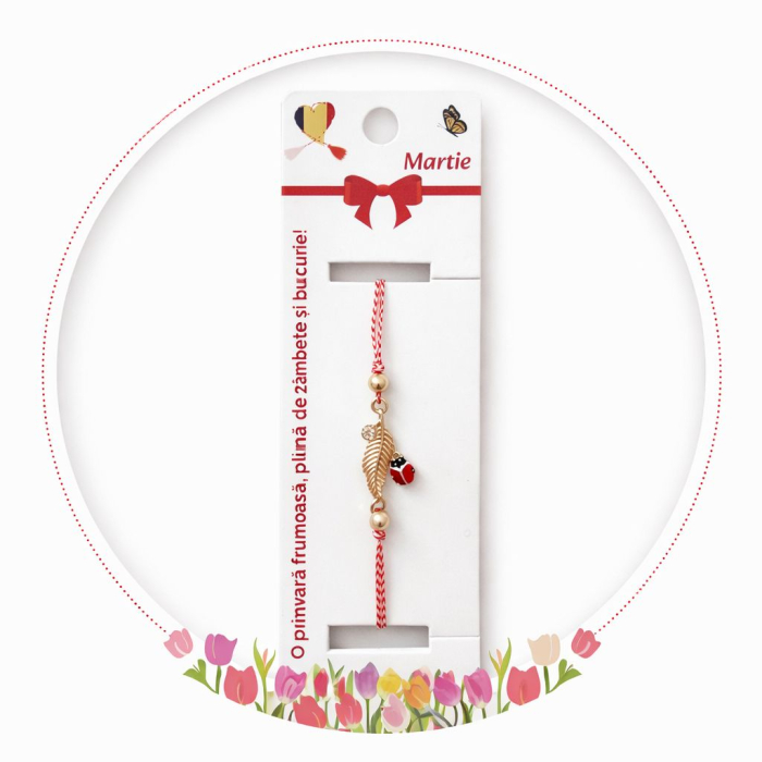 Set 12 Bratari Martisor Frunza Aurie cu Buburuza Snur Alb Rosu [5]