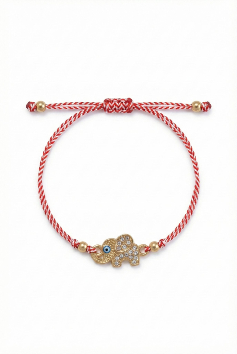 Set 12 Bratari Martisor cu Elefantel Auriu, Strasuri si Ochi Protector, Snur Rosu, 20x11 cm [2]