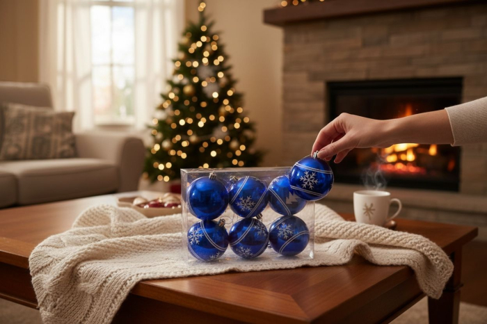 Set 6 globuri albastre lucioase cu model argintiu – ornamente pentru bradul de Craciun, 23x15.5x7.5cm [2]