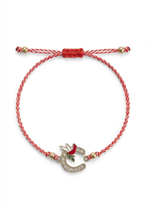 Set 12 bratari martisor cu potcoava stilizata si porumbel, snur rosu alb, ambalate individual [2]