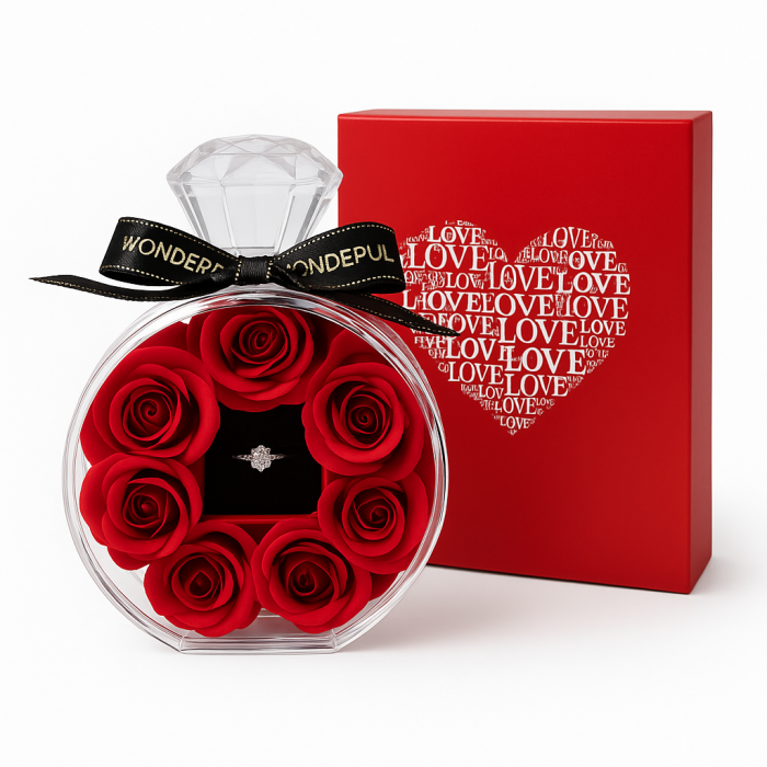 Cutie Cadou cu 7 Trandafiri din Sapun si Cutiuta Bijuterii cu Inel 14x10.5 cm [1]