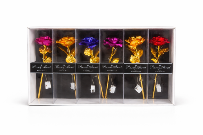 Set 6 flori artificiale cu LED si baterii incluse, Gold Rose, ambalaj cadou, 26 x 7.5 cm [2]