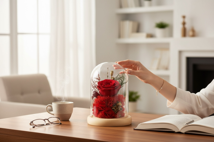 Trandafir Criogenat Rosu in Cupola Sticla cu Baza Lemn 17x12 cm, Durata 10 Ani [3]